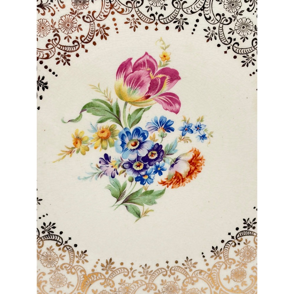 Harker Tulip Bouquet Handle Cake Plate 12 1/4" 22K Gold Trim Floral USA Vintage - Picture 5 of 7